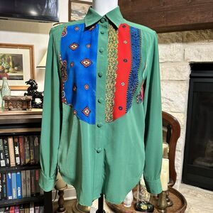Vintage 90s Howard Wolf Button Up Shirt color block tribal pattern green Size 8